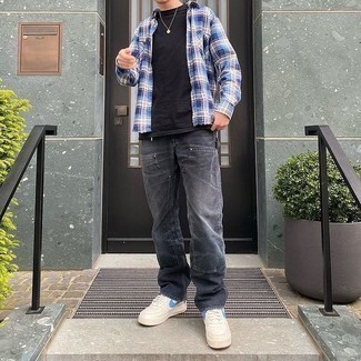Camicia a maniche lunghe scozzese blu scuro e bianca di Junya Watanabe MAN
