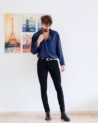 Camicia a maniche lunghe a righe verticali blu scuro di Brunello Cucinelli