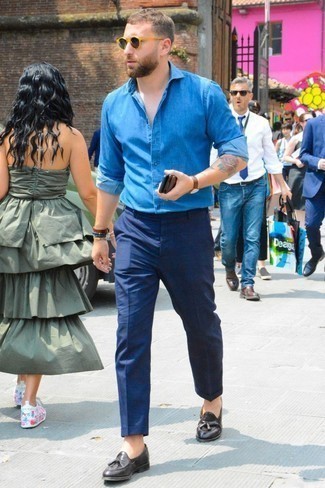 Camicia a maniche lunghe in chambray blu di Finamore 1925 Napoli