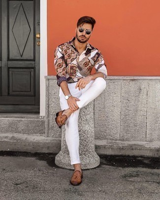 Camicia a maniche lunghe stampata bianca di Dolce & Gabbana