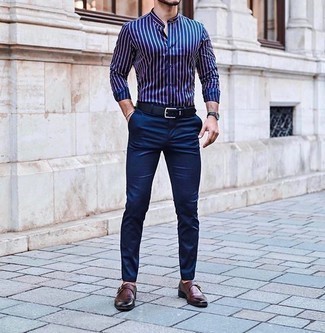 Camicia a maniche lunghe a righe verticali blu scuro e bianca di Henrik Vibskov