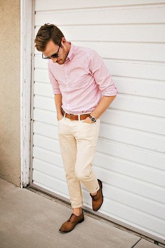 Camicia a maniche lunghe a righe verticali rosa di Comme des Garcons Homme