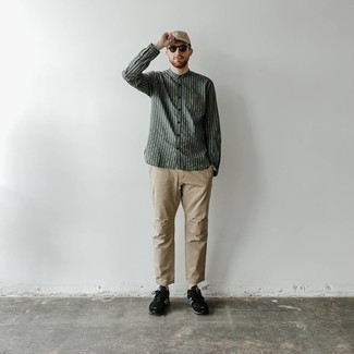 Camicia a maniche lunghe a righe verticali verde scuro di AMI Alexandre Mattiussi