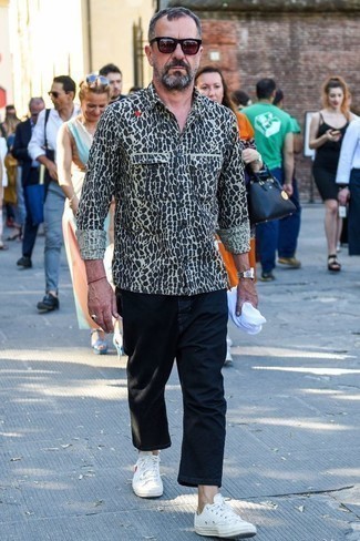 Camicia a maniche lunghe leopardata bianca e nera di Comme Des Garcons Homme Plus