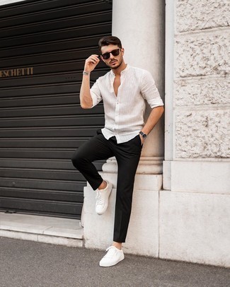 Camicia a maniche lunghe a righe verticali bianca di Giorgio Armani