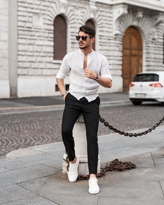 Camicia a maniche lunghe a righe verticali bianca di Ami Paris