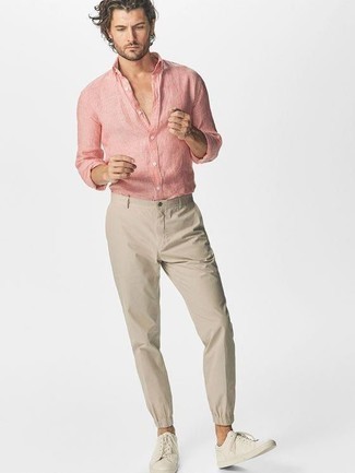 Camicia a maniche lunghe di lino a righe verticali rosa di Altea