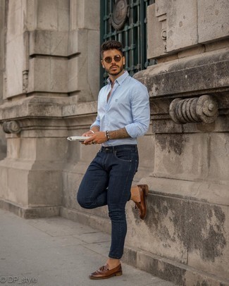 Camicia a maniche lunghe a righe verticali azzurra di Comme Des Garcons Homme Plus