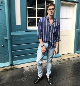 Camicia a maniche lunghe a righe verticali blu scuro e bianca di Giorgio Armani