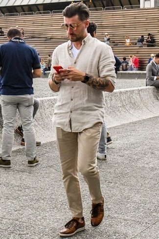 Camicia a maniche lunghe di lino beige di PS Paul Smith