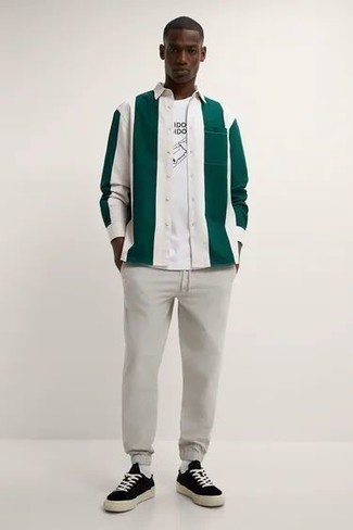 Camicia a maniche lunghe a righe verticali bianca e verde di Sunnei