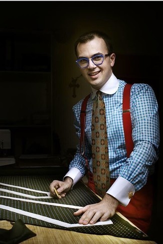 Come indossare e abbinare una cravatta stampata foglia di tè in modo formale: Potresti indossare una camicia elegante a quadretti azzurra e una cravatta stampata foglia di tè per una silhouette classica e raffinata