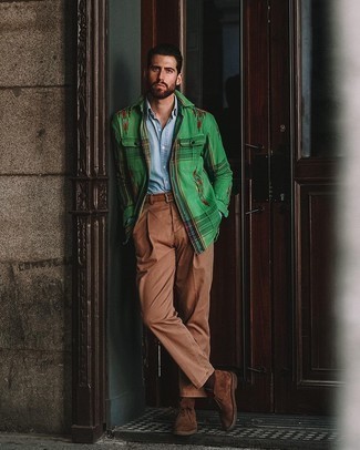 Quale pantaloni eleganti indossare con chukka marrone scuro: Punta su una camicia giacca stampata verde e pantaloni eleganti come un vero gentiluomo. Mettiti un paio di chukka marrone scuro per un tocco più rilassato.
