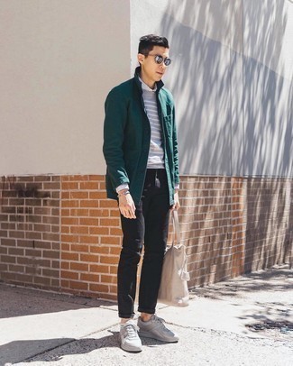Quale scarpe sportive indossare con una camicia giacca verde oliva: Coniuga una camicia giacca verde oliva con jeans neri per un look spensierato e alla moda. Per un look più rilassato, scegli un paio di scarpe sportive come calzature.