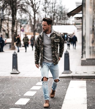 Come indossare e abbinare jeans con una giacca da campo: Coniuga una giacca da campo con jeans per un'atmosfera casual-cool. Stivali casual in pelle scamosciata marrone chiaro doneranno eleganza a un look altrimenti semplice.