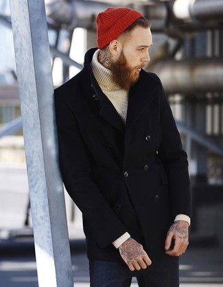 Come indossare e abbinare una berretto rossa in autunno 2024 in modo smart-casual: Metti una giacca da marinaio nera e una berretto rossa per un look perfetto per il weekend. Un outfit stupendo per essere più cool e elegantemente alla moda anche durante la stagione transitoria.