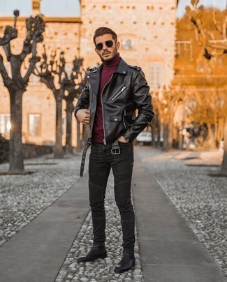 Quale giacca da moto indossare con stivali chelsea neri quando fa caldo: Combina una giacca da moto con jeans aderenti neri per una sensazione di semplicità e spensieratezza. Prova con un paio di stivali chelsea neri per dare un tocco classico al completo.