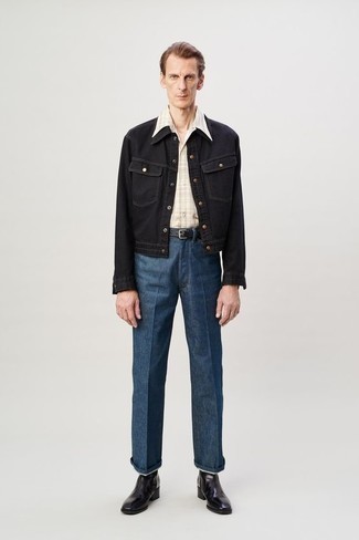 Come indossare e abbinare una giacca di jeans con stivali chelsea per un uomo di 50 anni: Scegli un outfit composto da una giacca di jeans e jeans blu per un fantastico look da sfoggiare nel weekend. Ti senti creativo? Completa il tuo outfit con un paio di stivali chelsea.