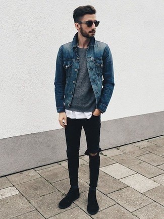 Quale giacca di jeans indossare con jeans neri: Per un outfit della massima comodità, potresti abbinare una giacca di jeans con jeans neri. Scegli un paio di stivali casual in pelle scamosciata neri per un tocco virile.