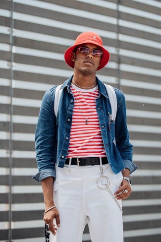 Come indossare e abbinare occhiali da sole bordeaux per un uomo di 20 anni: Scegli una giacca di jeans blu e occhiali da sole bordeaux per un'atmosfera casual-cool.