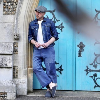 Quale mocassini eleganti indossare con una giacca di jeans blu per un uomo di 30 anni: Prova ad abbinare una giacca di jeans blu con jeans patchwork blu scuro per un look semplice, da indossare ogni giorno. Mocassini eleganti doneranno eleganza a un look altrimenti semplice.