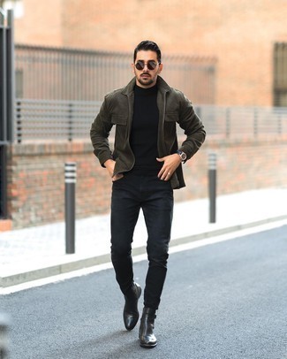 Come indossare e abbinare una giacca harrington per un uomo di 30 anni in modo smart-casual: Abbina una giacca harrington con jeans blu scuro per vestirti casual. Sfodera il gusto per le calzature di lusso e opta per un paio di stivali chelsea in pelle neri.