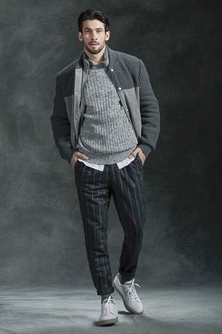 Pantaloni eleganti di lana a righe verticali grigio scuro di Dondup