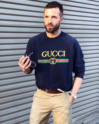 Maglione girocollo stampato blu scuro di Gucci
