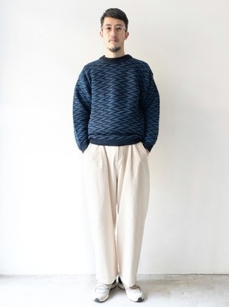 Maglione girocollo con motivo a zigzag blu scuro di Gucci