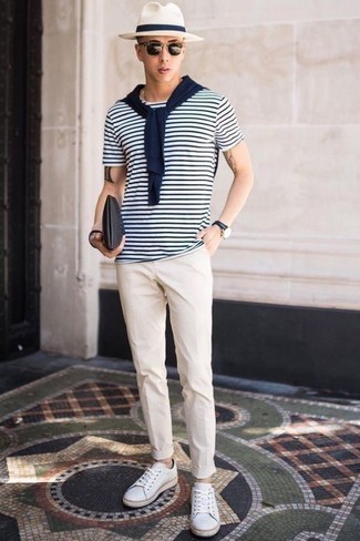 T-shirt girocollo a righe orizzontali bianca e blu scuro di Polo Ralph Lauren