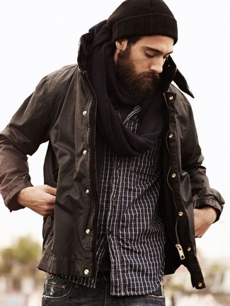 Come indossare e abbinare una giacca terracotta per un uomo di 30 anni in inverno 2025 in modo casual: Scegli una giacca terracotta e jeans grigio scuro per un look comfy-casual. Una buona idea per tuo outfit invernale!