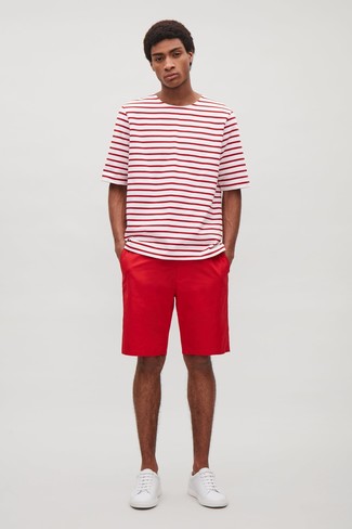 T-shirt girocollo a righe orizzontali bianca e rossa di Eleventy