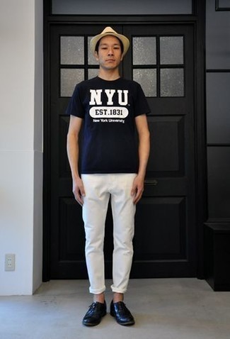 T-shirt girocollo stampata blu scuro e bianca di Helmut Lang