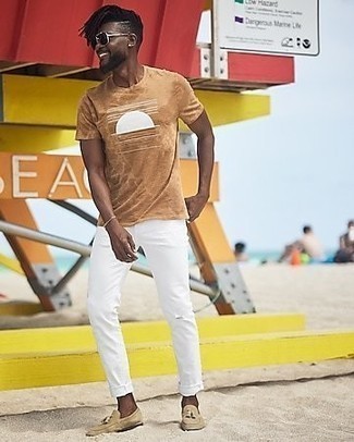 T-shirt girocollo stampata marrone chiaro di Fendi