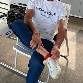 T-shirt girocollo stampata bianca e blu scuro di Aspesi
