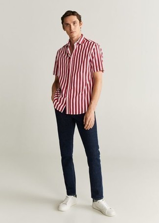 Camicia a maniche corte a righe verticali bianca e rossa di Low Brand