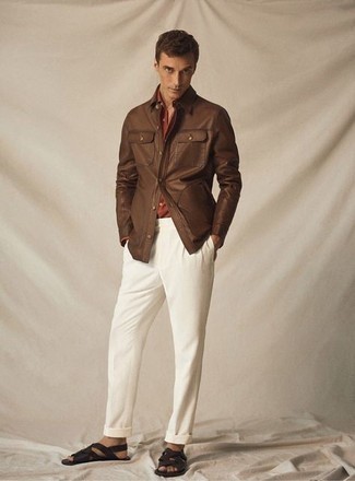 Camicia giacca in pelle marrone di Gucci