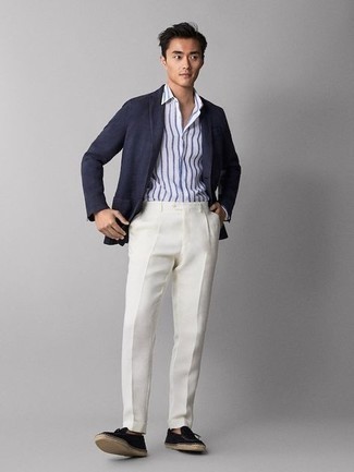 Camicia a maniche lunghe a righe verticali bianca e blu scuro di Polo Ralph Lauren
