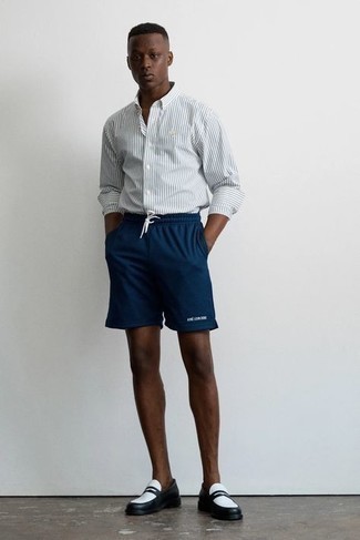 Camicia a maniche lunghe a righe verticali bianca e blu scuro di Orlebar Brown
