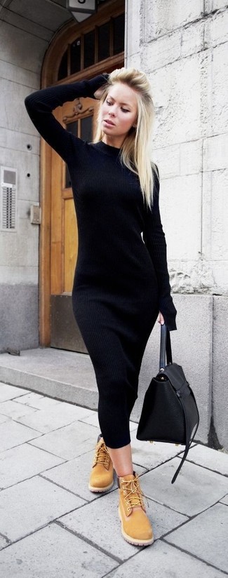 Come indossare e abbinare stivali in modo casual: Metti un vestito aderente lavorato a maglia nero per un look semplice, da indossare ogni giorno. Per distinguerti dagli altri, scegli un paio di stivali come calzature.