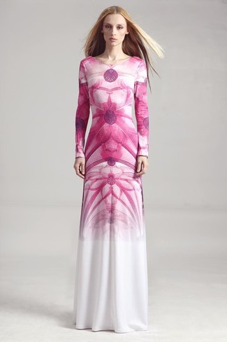 Look alla moda per donna: Vestito lungo stampato bianco e rosa