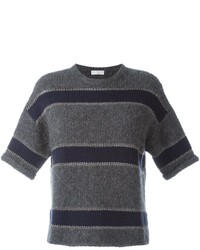 Maglione di lana a righe orizzontali grigio scuro di Brunello Cucinelli