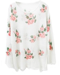 Maglione girocollo a fiori bianco e rosa