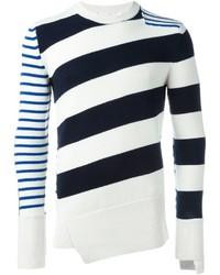 Maglione girocollo a righe orizzontali bianco e blu scuro di Alexander McQueen