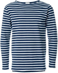 Maglione girocollo a righe orizzontali bianco e blu scuro di Saint Laurent