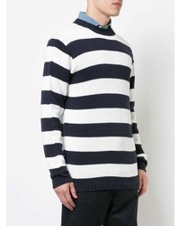 Maglione girocollo a righe orizzontali bianco e blu scuro di Junya Watanabe MAN