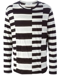 Maglione girocollo a righe orizzontali bianco e nero di Yohji Yamamoto