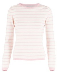 Maglione girocollo a righe orizzontali bianco e rosa