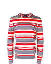 Maglione girocollo a righe orizzontali bianco e rosso e blu scuro
