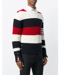 Maglione girocollo a righe orizzontali bianco e rosso e blu scuro di Thom Browne